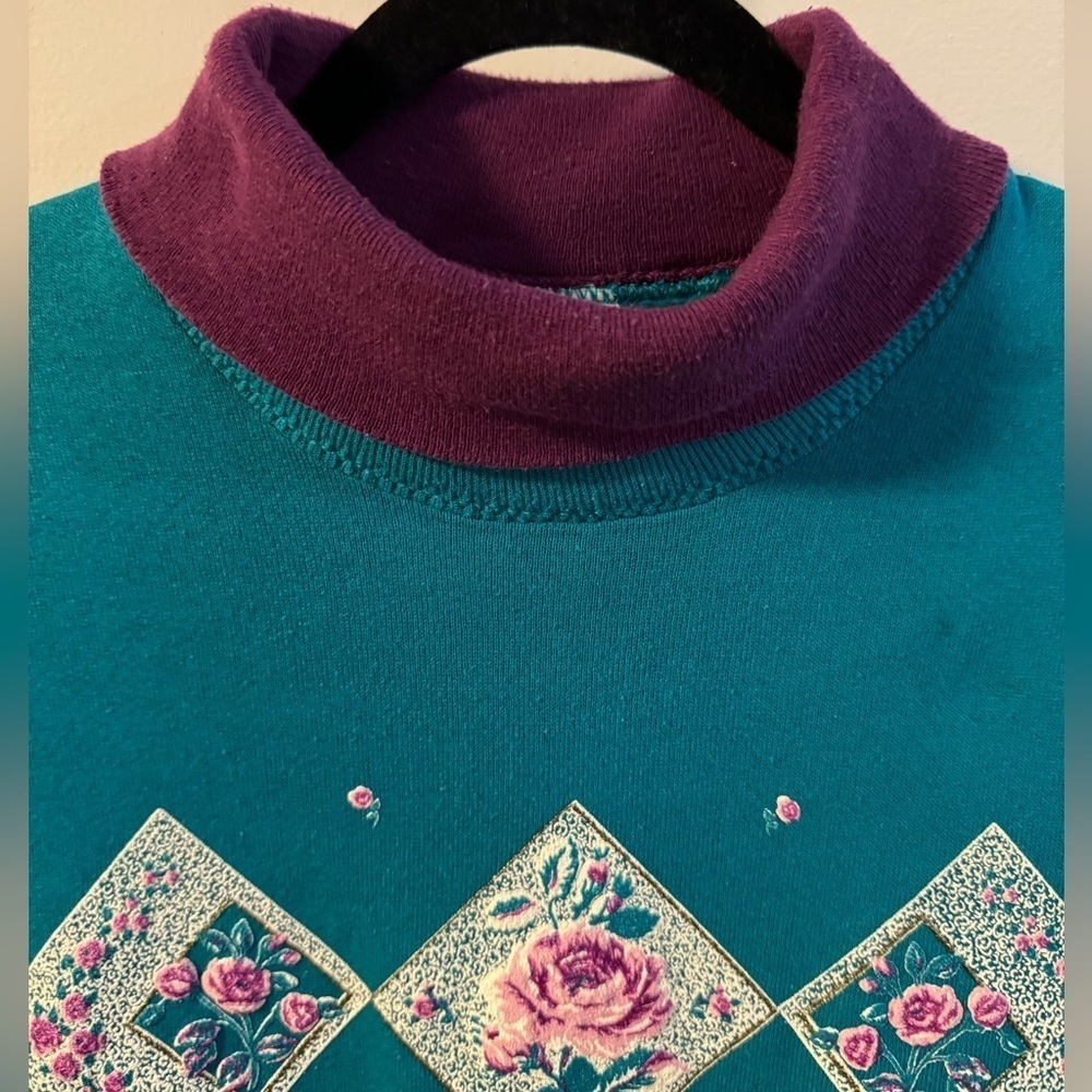 90s Floral Painted Grannycore Double Collar Turtleneck Sweatshirt VTG USA - Picture 13 of 13